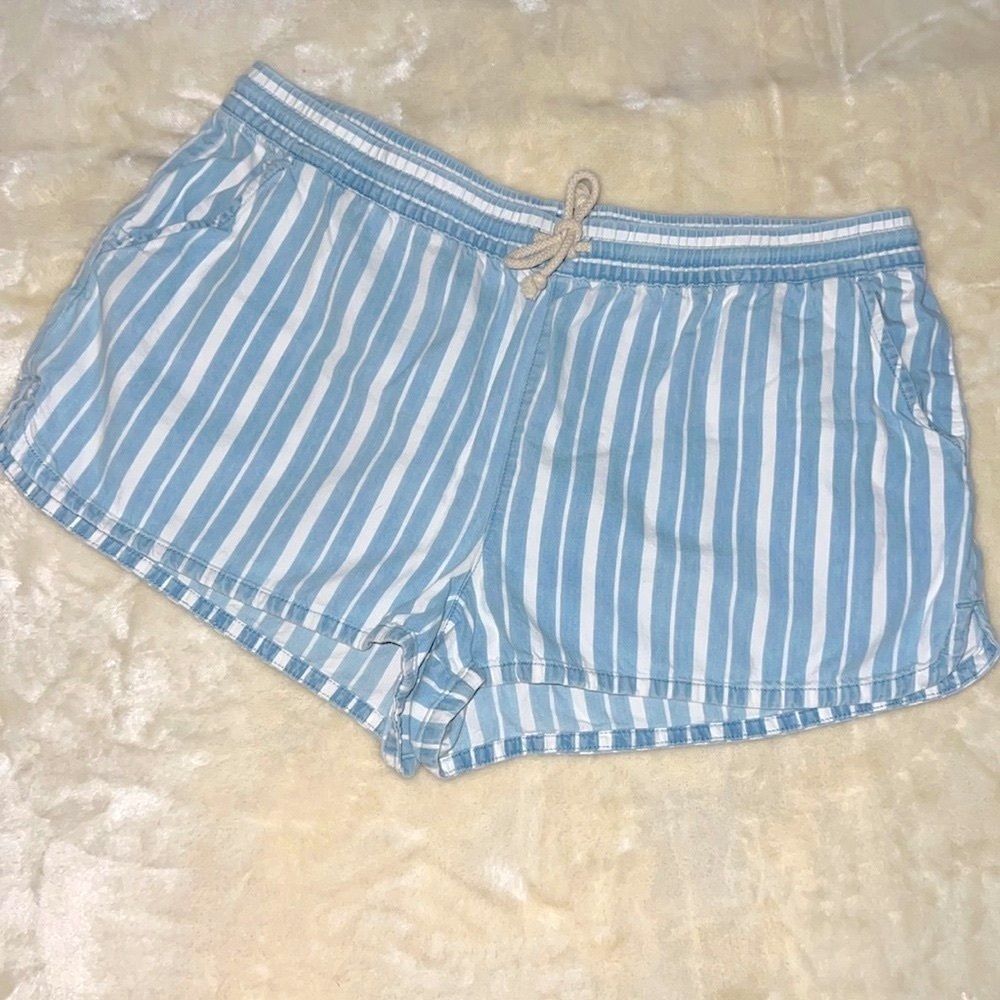 AERIE 🏖️ LIGHT BLUE/WHITE STRIPED ELASTIC WAIST COTTON BEACH SHORTS Women XL